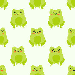 Cute smiling frogs with pink cheeks. Enamored green toads. Vector animal characters seamless pattern of amphibian toad drawing.Childish design for baby clothes, bedding, textiles, print, wallpaper.