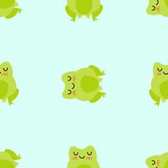 Cute smiling frogs with pink cheeks. Enamored green toads. Vector animal characters seamless pattern of amphibian toad drawing.Childish design for baby clothes, bedding, textiles, print, wallpaper.