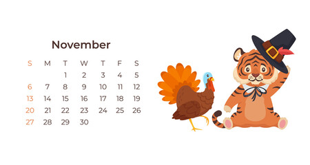 Cute cartoon tiger November 2022 calendar horizontal template.