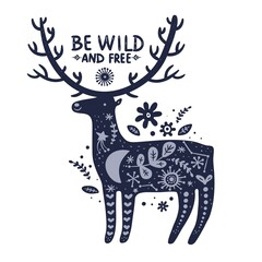 Animal with lettering. Deer silhouette with flowers and stars. Trendy Scandi reindeer. Forest wildlife. Inspiration text. Nordic fauna sketch. Folklore creature outline. Vector concept
