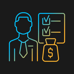 Obraz premium Financial planner gradient vector icon for dark theme. Qualified investment professional. Building wealth expert. Thin line color symbol. Modern style pictogram. Vector isolated outline drawing