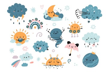 Cute weather elements. Funny meteorology icons. Rainy cloud characters. Baby style atmospheric phenomena. Sun and moon with faces. Tornado and rainbow. Vector climate and sky mascots set