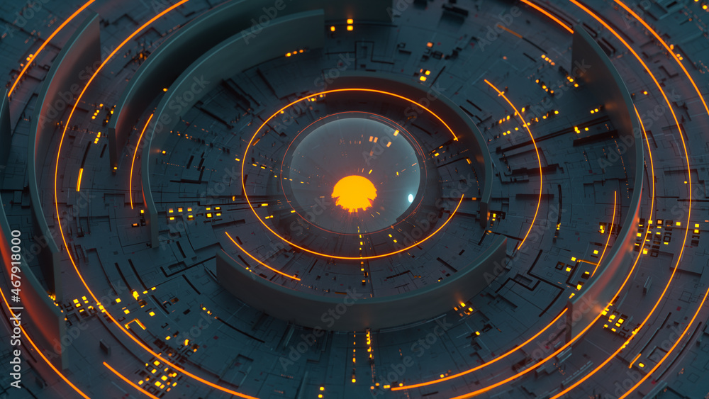 Poster blue orange complex circle mesh with leds 3d rendering illustration