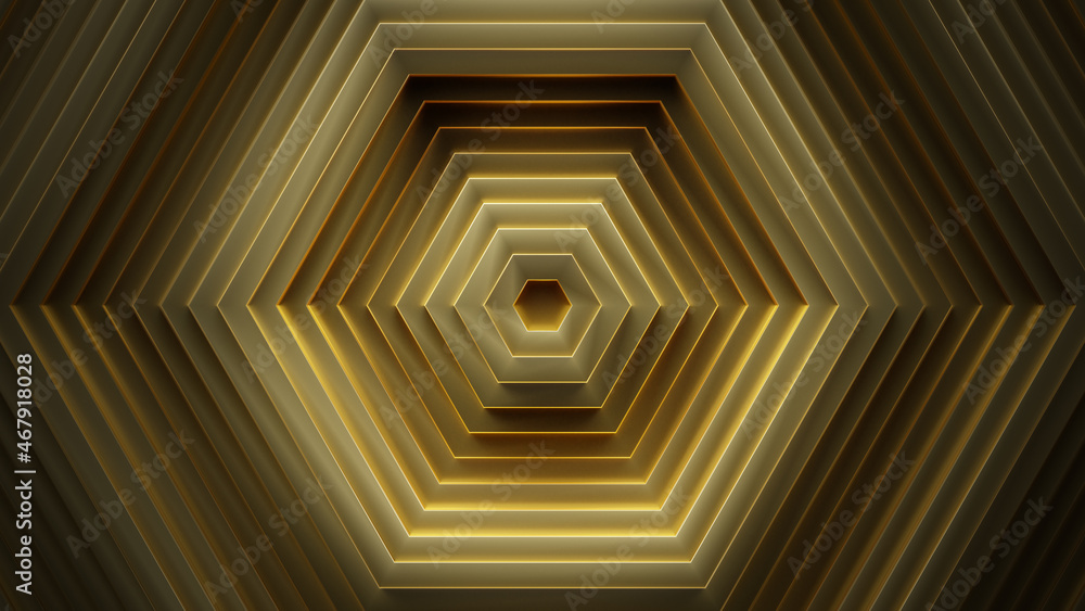 Poster gold concentric hexagons 3d rendering
