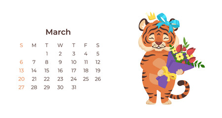 Cute cartoon tiger March 2022 calendar horizontal template.