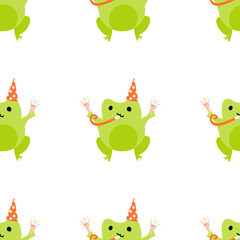 Cute cartoon frogs with party popper with serpantin. Enamored green toads. Vector animal characters seamless pattern of amphibian toad drawing.Childish design for baby clothes, bedding, textiles.