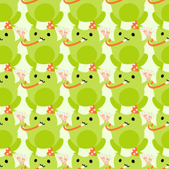 Obraz premium Cute cartoon frogs with party popper with serpantin. Enamored green toads. Vector animal characters seamless pattern of amphibian toad drawing.Childish design for baby clothes, bedding, textiles.