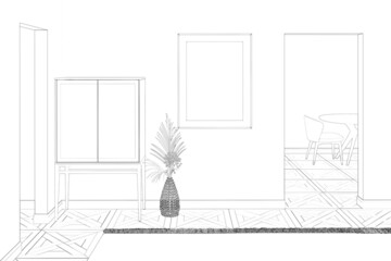Sketch of the lobby with a vertical poster between the doorway and a chest of drawers, dried flowers in a wicker vase, a carpet on the parquet floor, a table, and a chair in the background. 3d render
