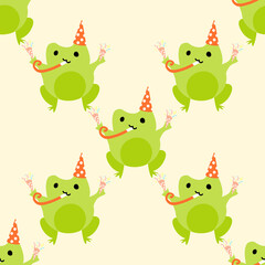 Cute cartoon frogs with party popper with serpantin. Enamored green toads. Vector animal characters seamless pattern of amphibian toad drawing.Childish design for baby clothes, bedding, textiles.