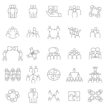 Teamwork icons set isolated on white background. Collection of thin line icons for web site, app and logo. Creative business concept, vector illustration