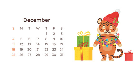 Cute cartoon tiger December 2022 calendar horizontal template.