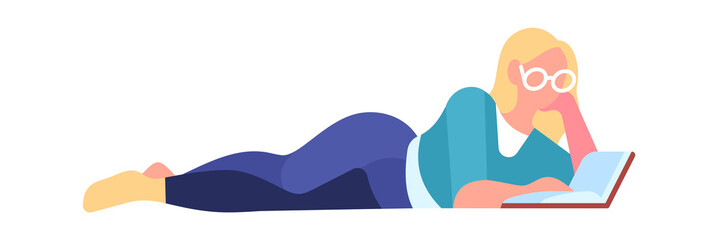 Obraz premium Woman reads book. Adult female character in glasses lying and reading, book lover getting knowledge at home, development and education, hobby and leisure time vector isolated illustration