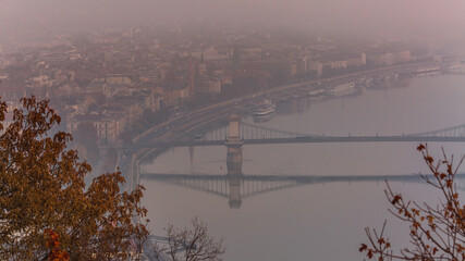 Chain Bridge in the foggy morning, panorama view to Buda in Budapest. Hungary