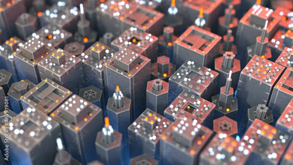 Poster flying over industrial microworld. futuristic technical machinery. seamless loop 3d render animation