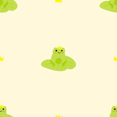 Obraz premium Cute prince frog with crown. Enamored green toads. Vector animal characters seamless pattern of amphibian toad drawing.Childish design for baby clothes, bedding, textiles, print, wallpaper.