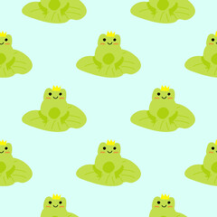 Cute prince frog with crown. Enamored green toads. Vector animal characters seamless pattern of amphibian toad drawing.Childish design for baby clothes, bedding, textiles, print, wallpaper.