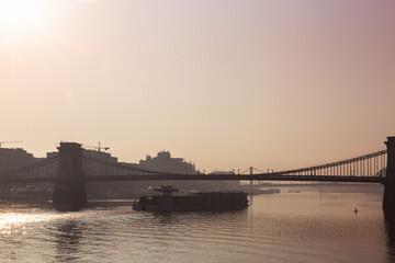 Chain Bridge morning panorama in Budapest. Hungary