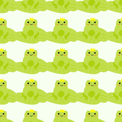 Obraz premium Cute prince frog with crown. Enamored green toads. Vector animal characters seamless pattern of amphibian toad drawing.Childish design for baby clothes, bedding, textiles, print, wallpaper.