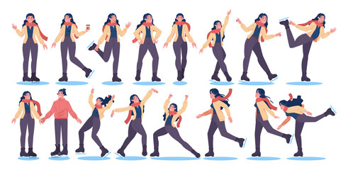Woman wearing ice skates. Ice skating character in different poses.