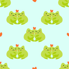 Obraz na płótnie Canvas Cute cartoon frogs with hearts. Enamored green toads. Vector animal characters seamless pattern of amphibian toad drawing.Childish design for baby clothes, bedding, textiles, print, wallpaper.