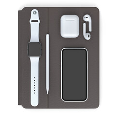 Computer tablet with stylus, smartwatch, phone and headphone on white background