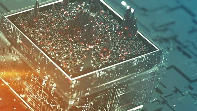 Digital data processing and analysis. Futuristic PCB with CPU. Seamless loop 3D render animation with DOF