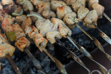 Marinaded pork meat pieces on skewers frying over bonfire. Kebab or traditional shashlik cooking with lot of smoke.