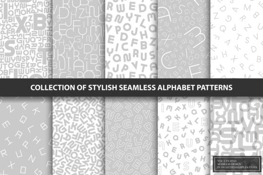 Collection of vector seamless alphabet patterns. Stylish grey backgrounds with latin letters. Trendy textile monochrome textures