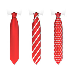 Set of red men ties on white background, realistic vector illustration