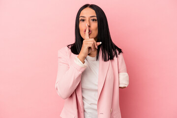 Young caucasian woman with one arm isolated on pink background keeping a secret or asking for...