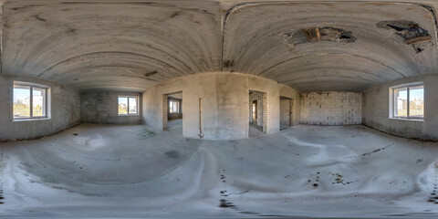 360 hdri panorama in abandoned interior of large empty room with windows with dampness and...