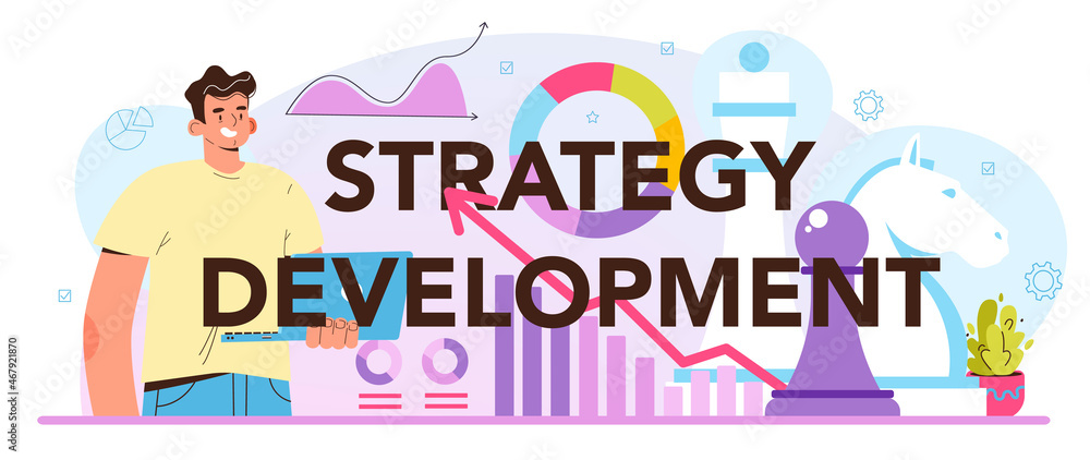 Poster strategy development typographic header. it technologies and systems