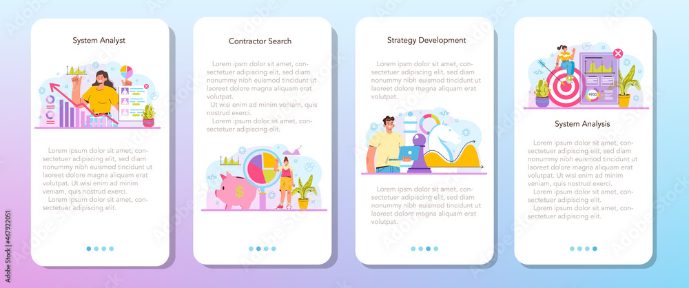 Poster system analyst mobile application banner set. it technologies