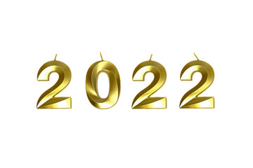 Happy New Year. Candles in the form of shiny golden numbers 2022 on a white background. Holidays concept. Flat lay, top view, copy space