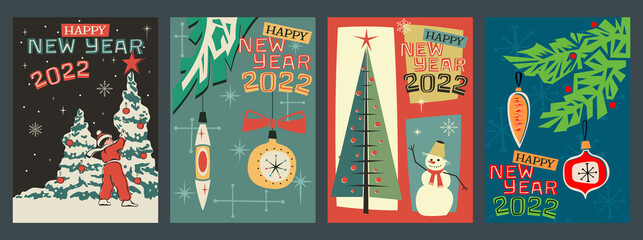 Happy New Year 2022 Greeting Cards, Mid Century Modern Season Holidays Illustrations Style  © koyash07