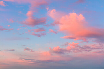 Naklejka na ściany i meble Pink clouds in sunset blue sky. Pastel colors of clouds, sunrise