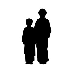 Silhouette of mom with son in national asian costume.