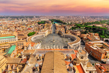 Vatican aerial view and statues on the top of St Peter's Basilica, Rome, Italy