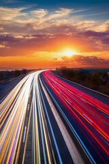 Trails  of cars lights on the asphalt car road. Sunset time with clouds and sun. Drive forward! Transport creative background. Long exposure, motion and blur. - 467924077