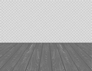 Dark wooden floor with empty space in perspective. Vector realistic empty room background. Plank texture on transparent background. EPS10.