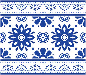 Carreaux Azulejo portugais motif floral vectoriel continu avec cadre ou bordure - carreaux décoratifs design rétro avec des fleurs en bleu marine