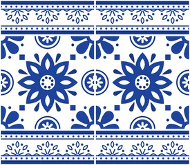 Stof per meter Portuguese Azulejo tiles seamless vector floral pattern with frame or border - decorative tile retro design with flowers in navy blue  © redkoala