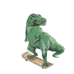 Dinosaur rides on skateboard. Engraving color vintage