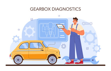 Naklejka premium Car repair service. Automobile gearbox got fixed in car workshop
