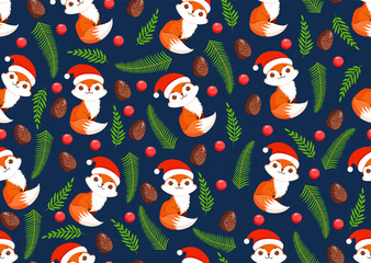 Christmas texture with festive foxes, years, fir branches and cones. Vector illustration of Merry Christmas and Happy New Year. Seamless pattern. Winter holiday.