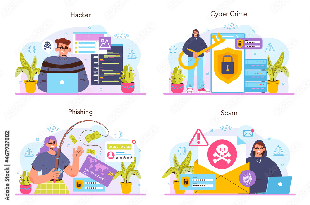 Poster hacker concept set. cyber attack, thief stealing personal data