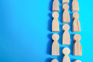 A line of figures of people. Human resources. Unity. Team building, teamwork cooperation. Social organization, joining consolidated forces. Hiring employees, recruiting. Place for text.