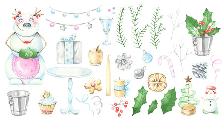 Christmas and New Year treats. Cute snowman hostess. Watercolor set.