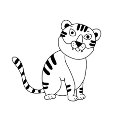 Sitting cute tiger doodle hand drawn illustration isolated on white background. Children illustration, black outline.