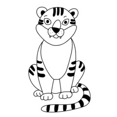 Sitting tiger doodle hand drawn illustration isolated on white background. Children illustration, black outline.
